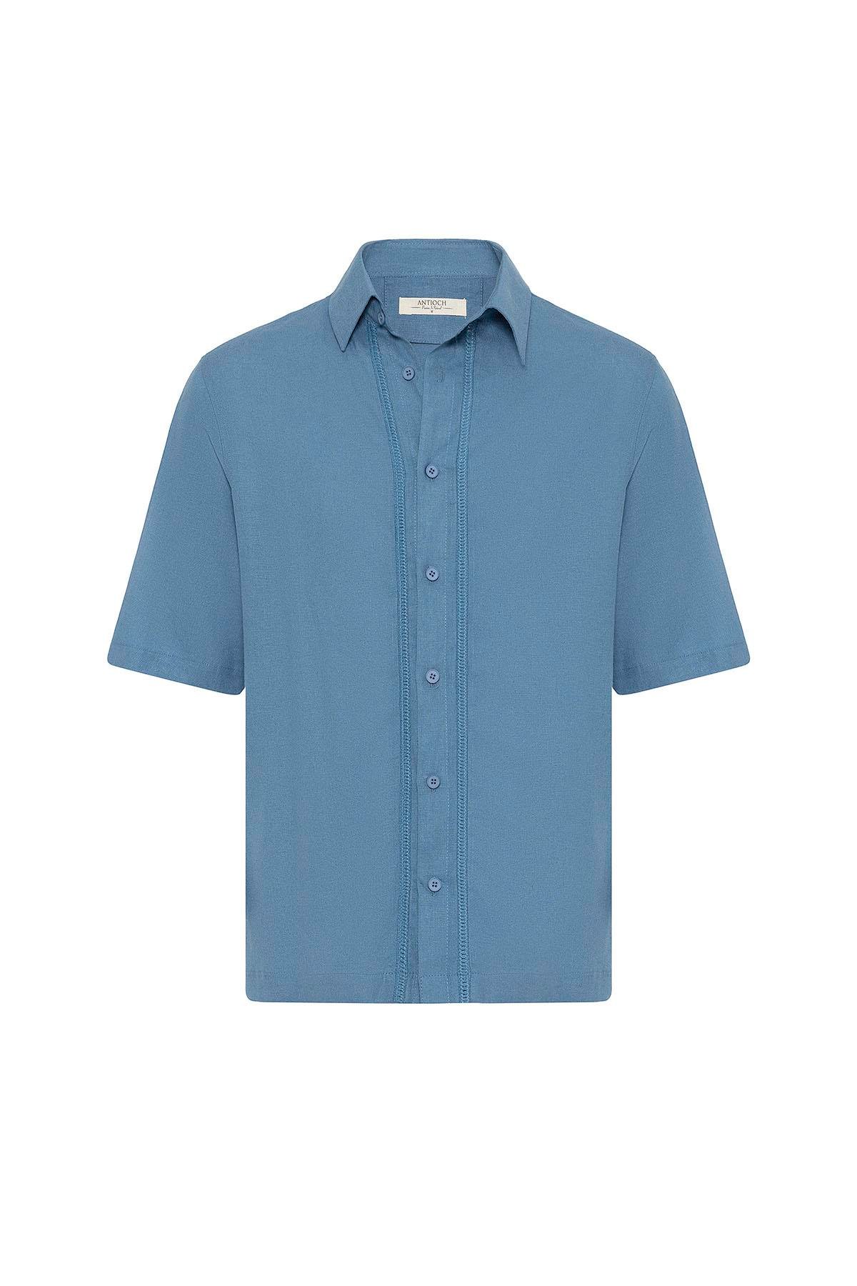Antioch Mavi Keten Karışımlı Relaxed Erkek Gömlek