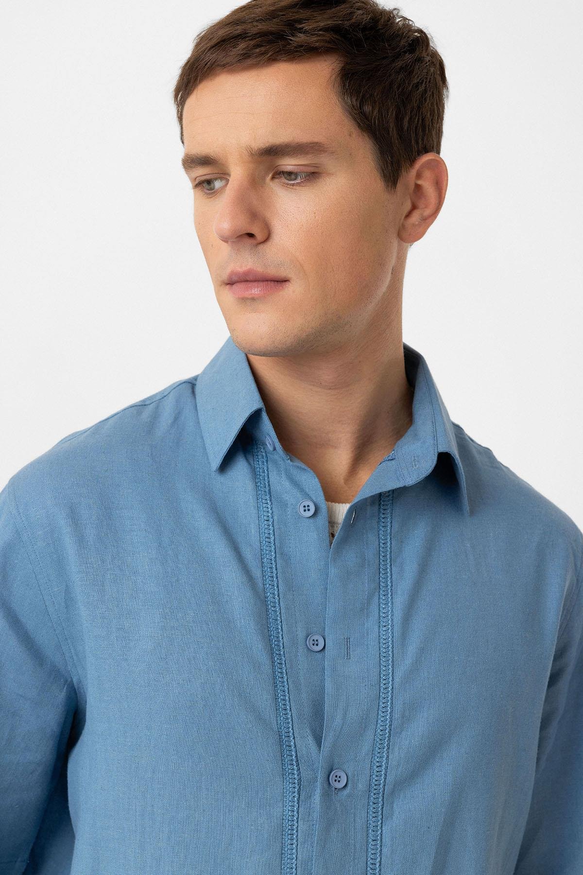 Antioch Mavi Keten Karışımlı Relaxed Erkek Gömlek