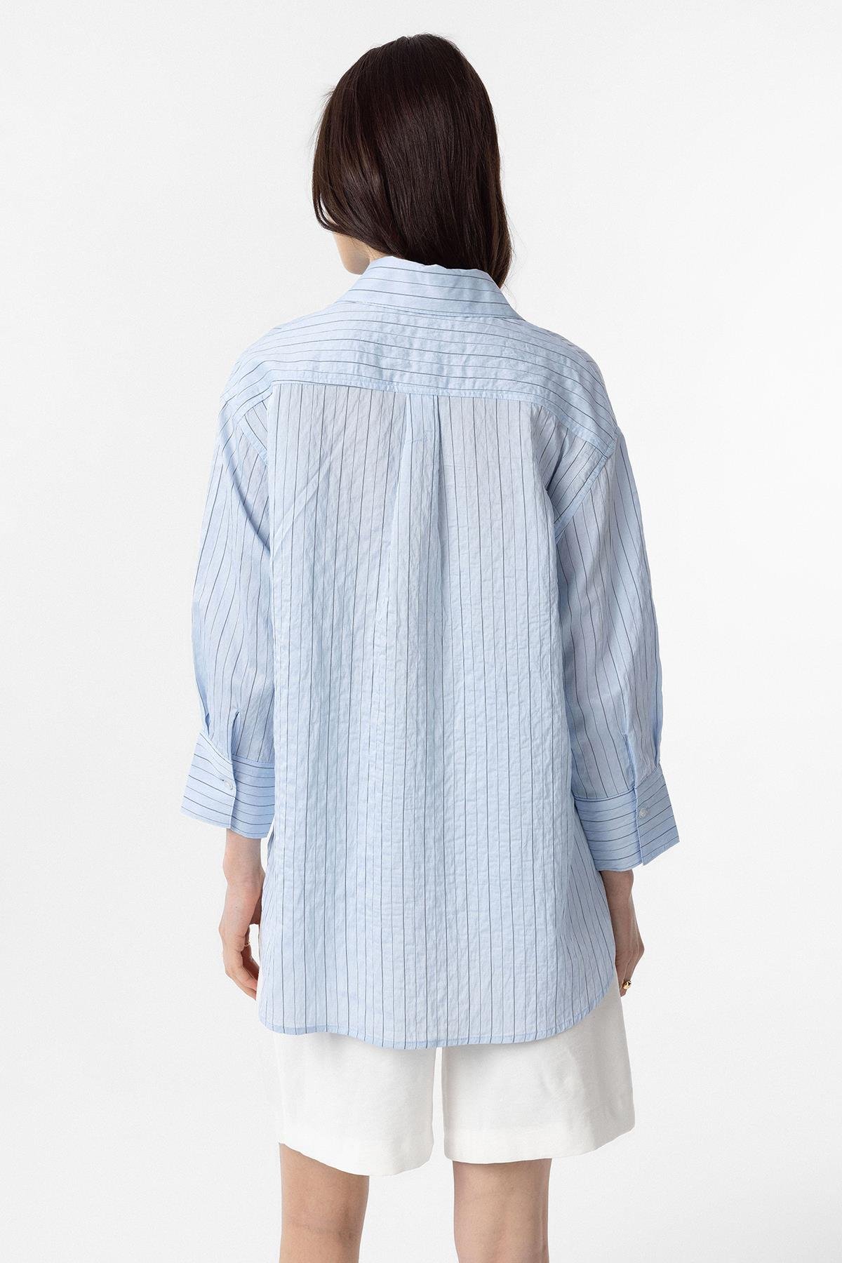 Antioch Mavi Modal Kumaş Çizgili Kadın Gömlek