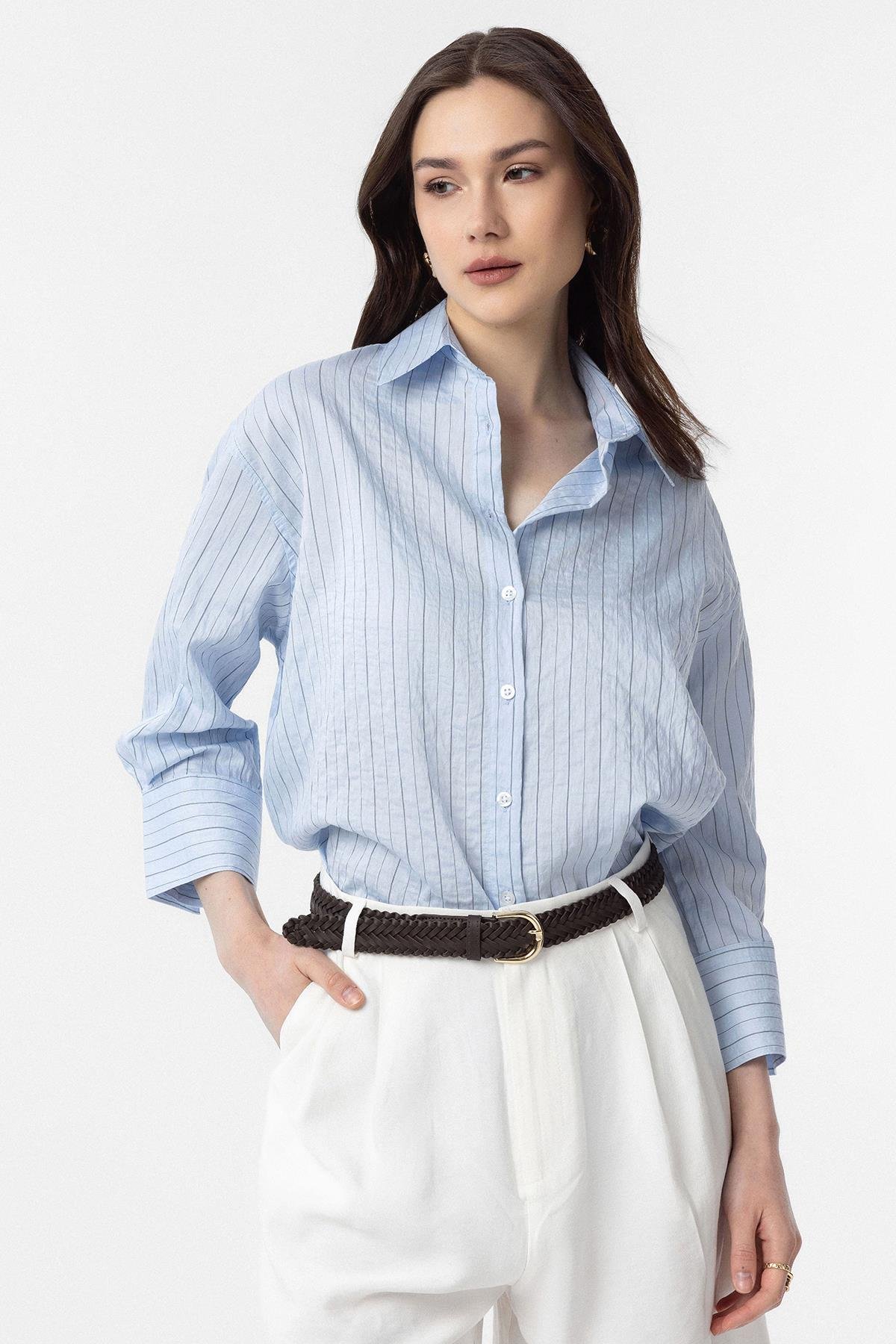 Antioch Mavi Modal Kumaş Çizgili Kadın Gömlek