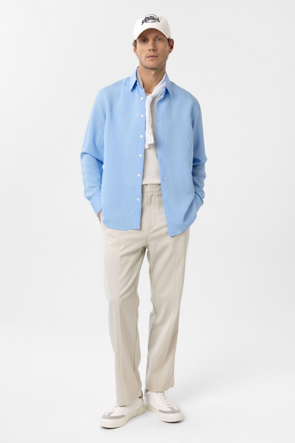 Antioch Mavi Modal Kumaş Relax Fit Çizgili Erkek Gömlek