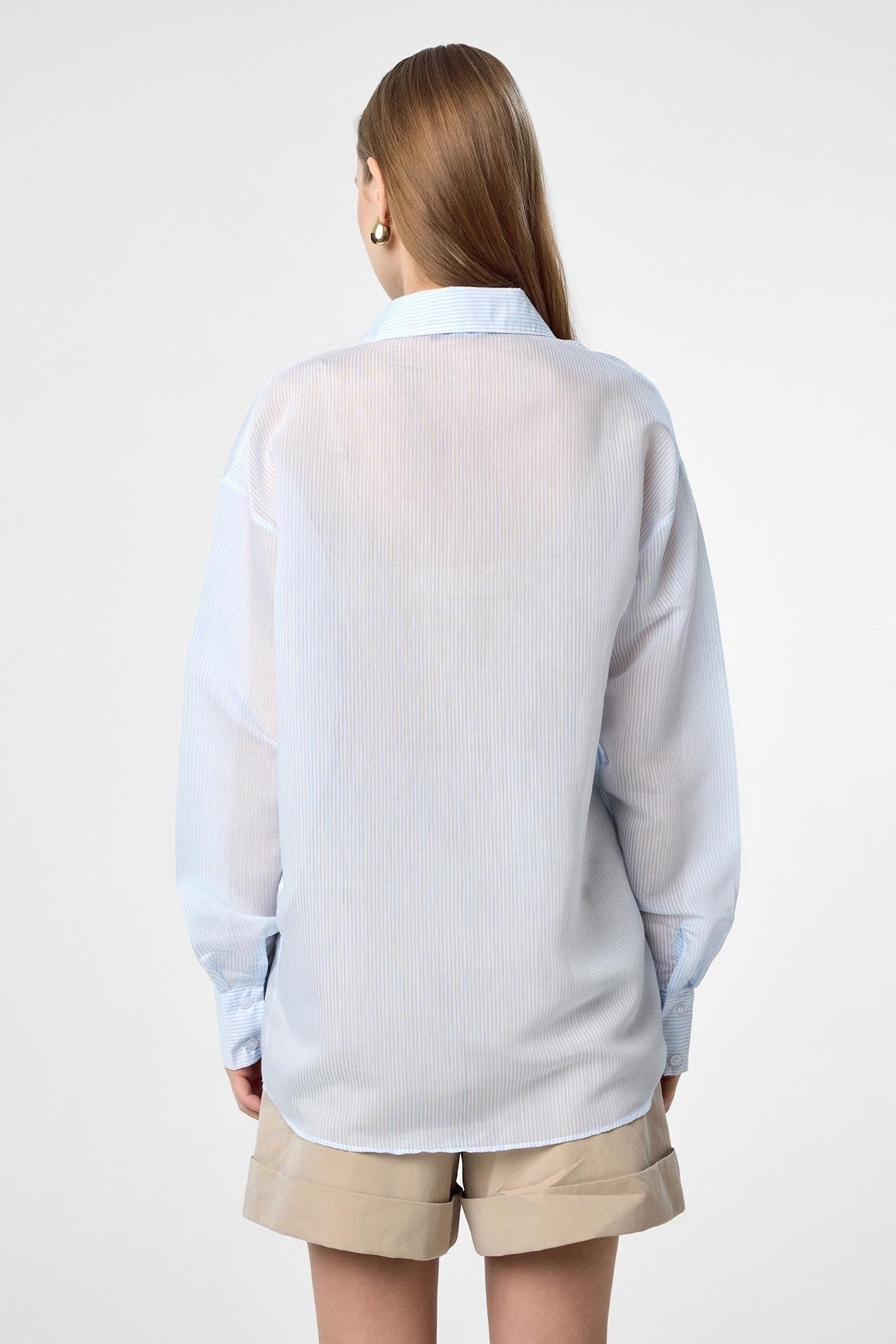 Antioch Mavi Relax Fit Çizgili Uzun Kollu Kadın Gömlek