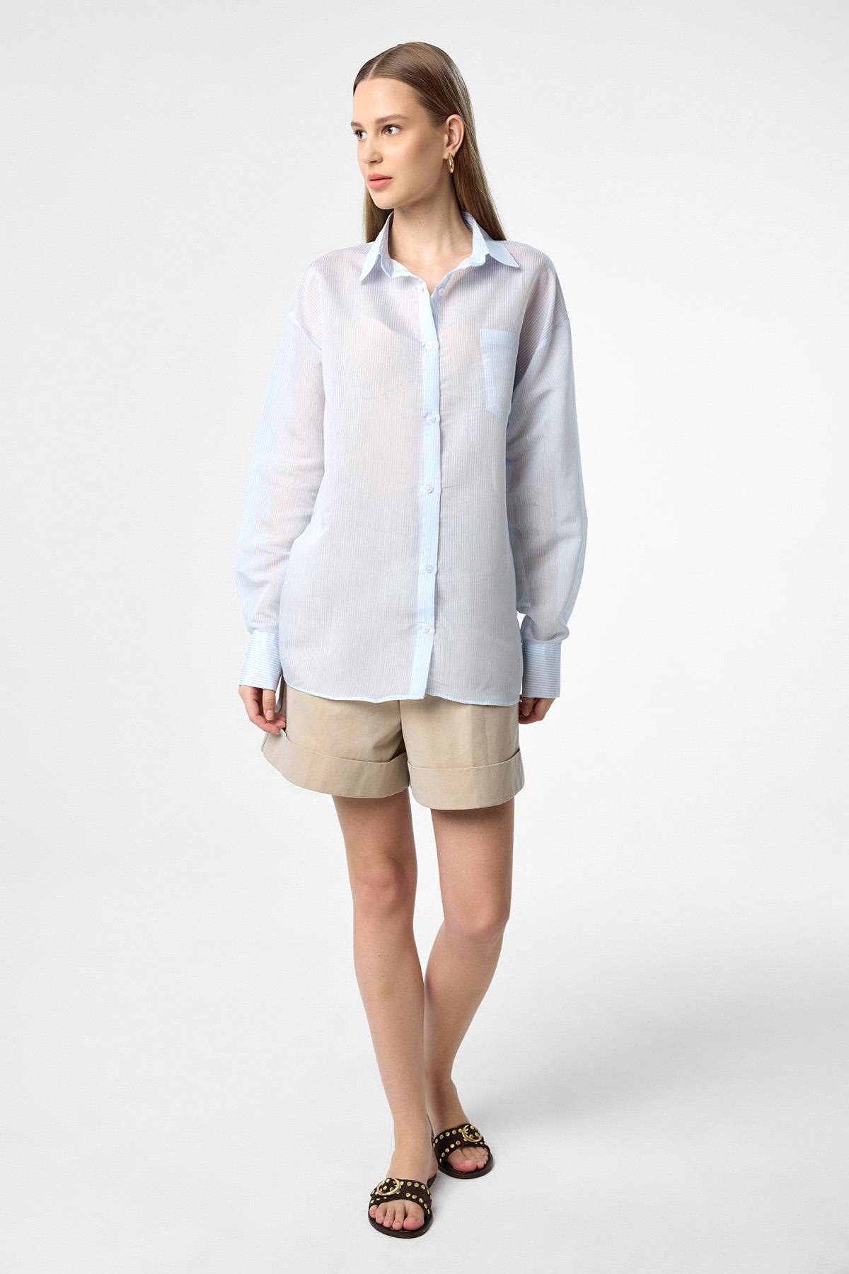 Antioch Mavi Relax Fit Çizgili Uzun Kollu Kadın Gömlek