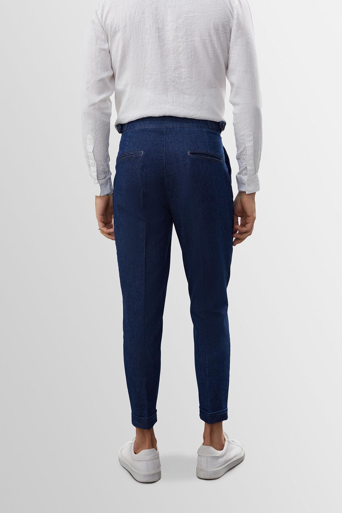 Antioch Mavi Yüksek Bel (Boyfriend) Yandan Tokalı Kemer Detaylı Pileli Kot Pantolon