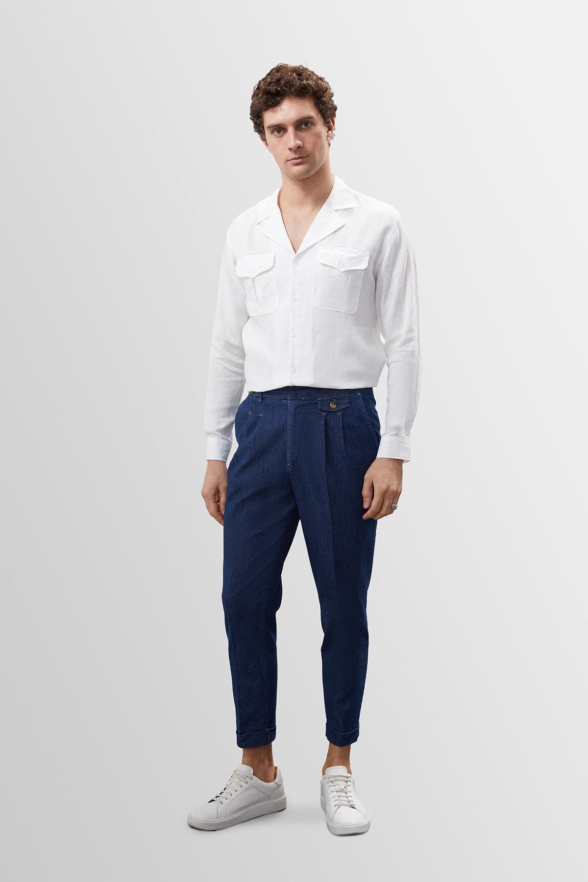 Antioch Mavi Yüksek Bel (Boyfriend) Yandan Tokalı Kemer Detaylı Pileli Kot Pantolon