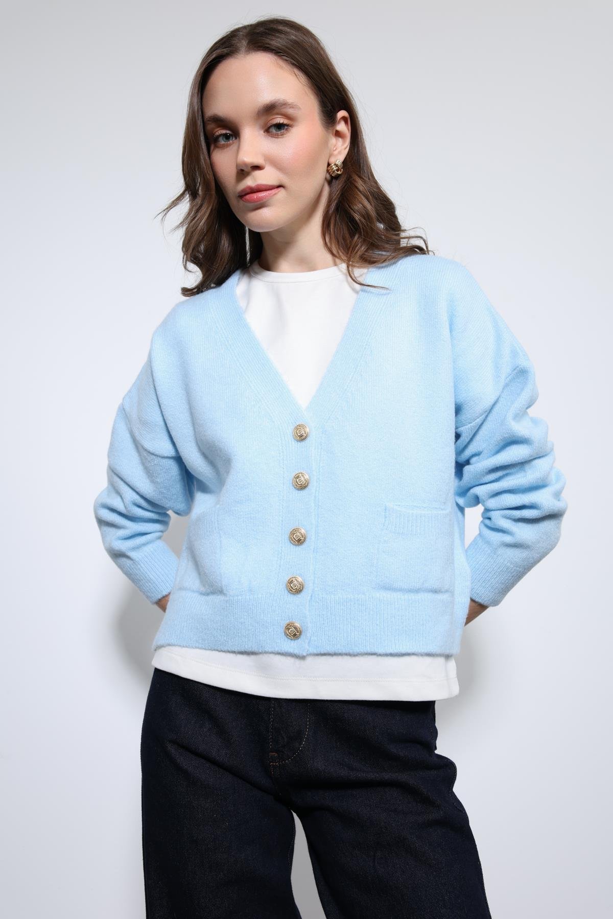 Antioch Mavi Yün Karışımlı Örme Triko Hırka