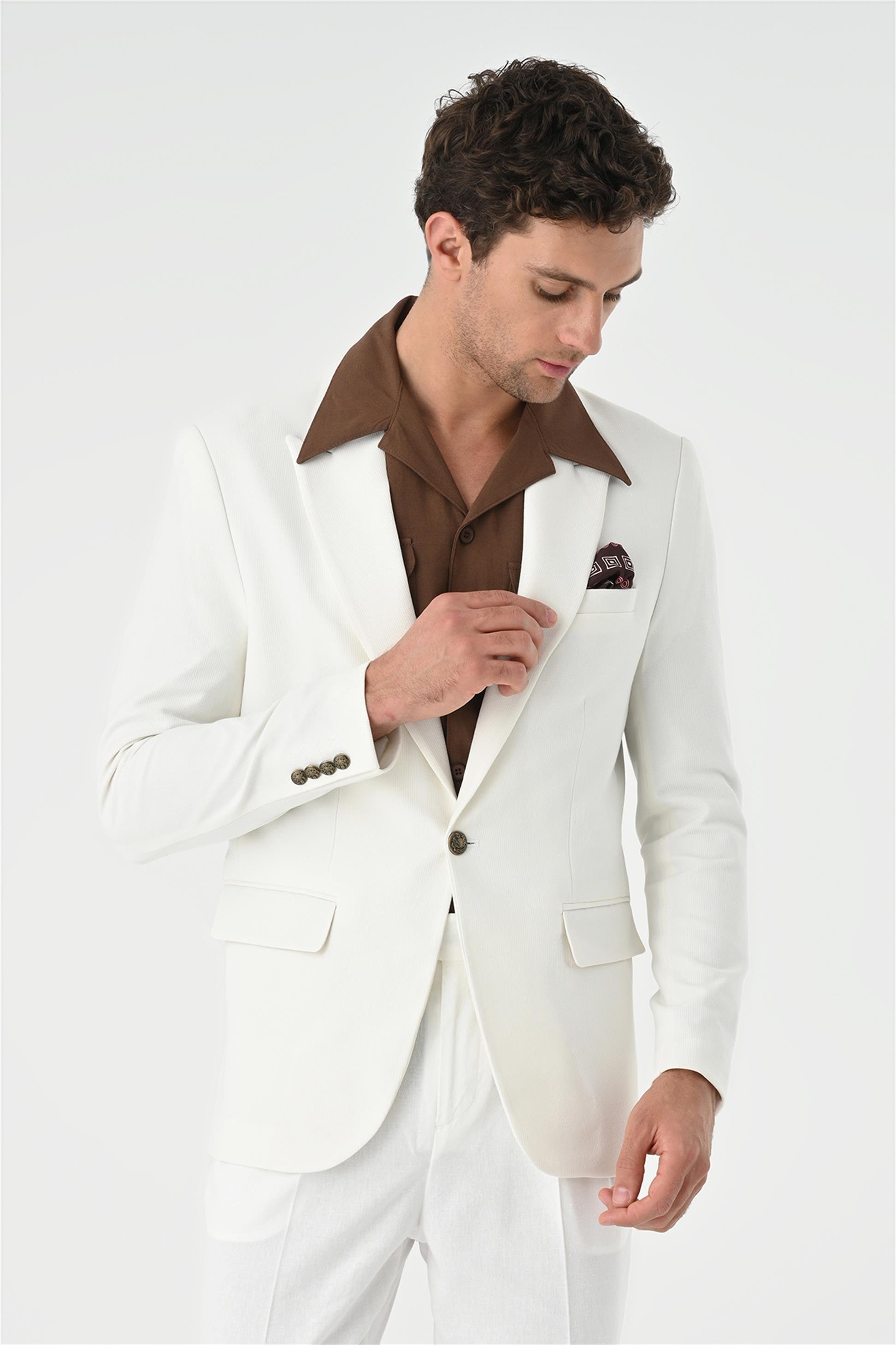 Antioch Men Ekru Metal Tek Düğme Erkek Blazer Ceket