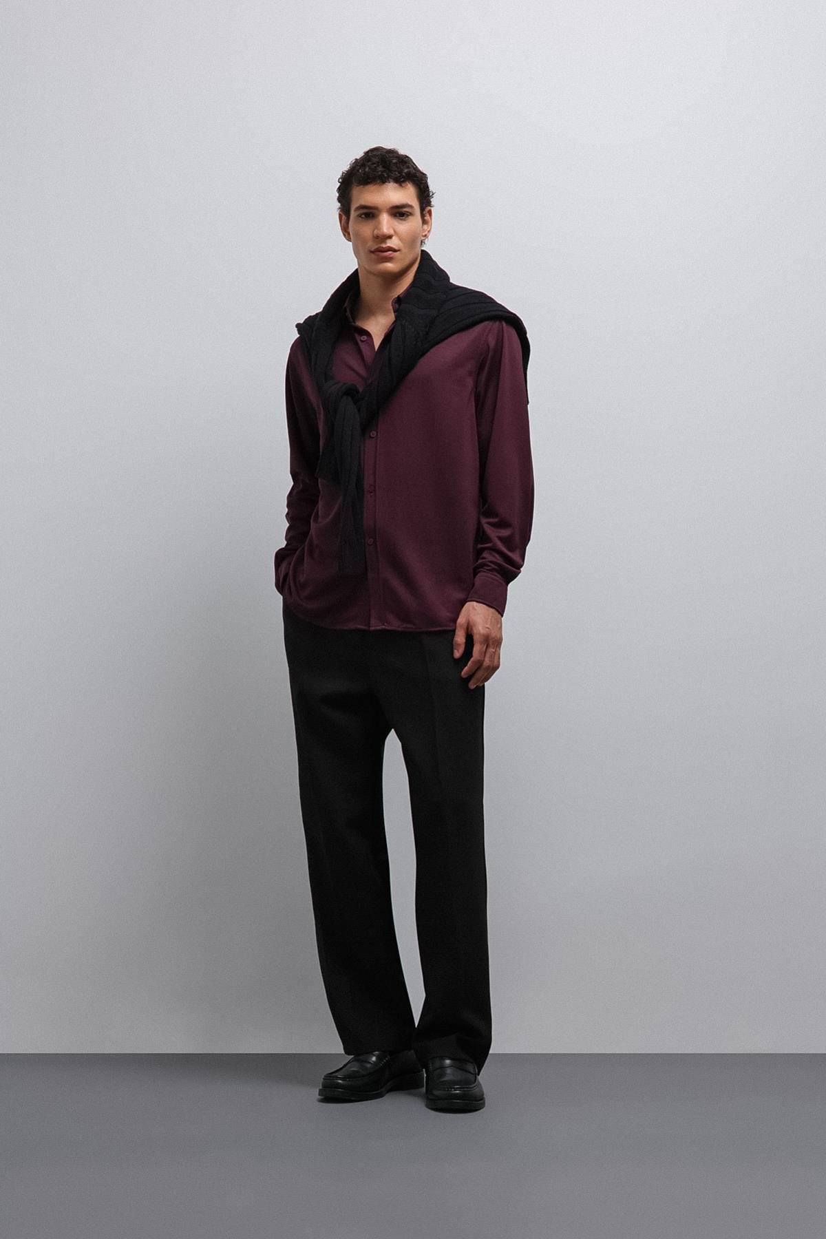 Antioch Mürdüm Düğmeli Yaka Relax Fit Erkek Gömlek