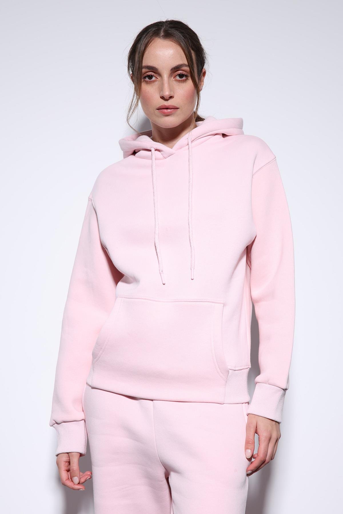Antioch Pembe Kapüşonlu Basic Kadın Sweatshirt