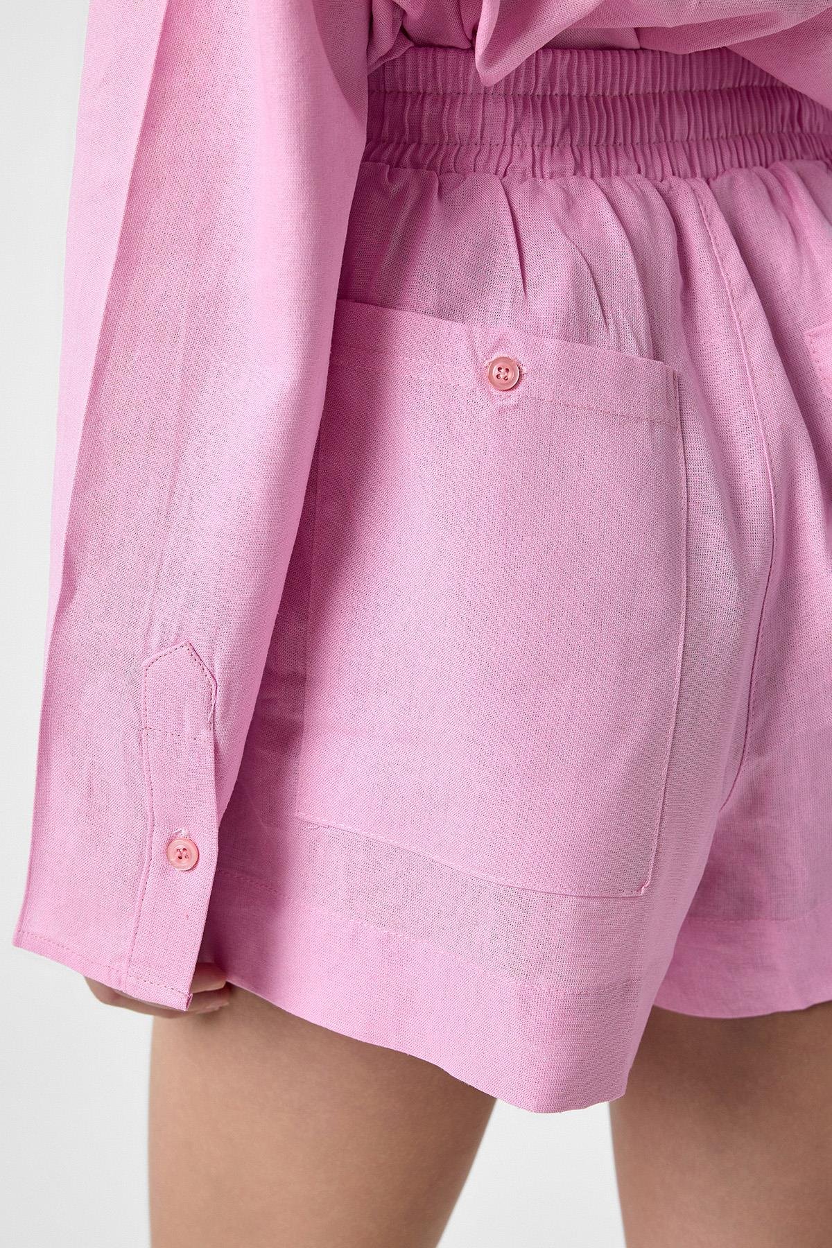 Antioch Pembe Keten Karışımlı Şort-Gömlek Kadın Takım