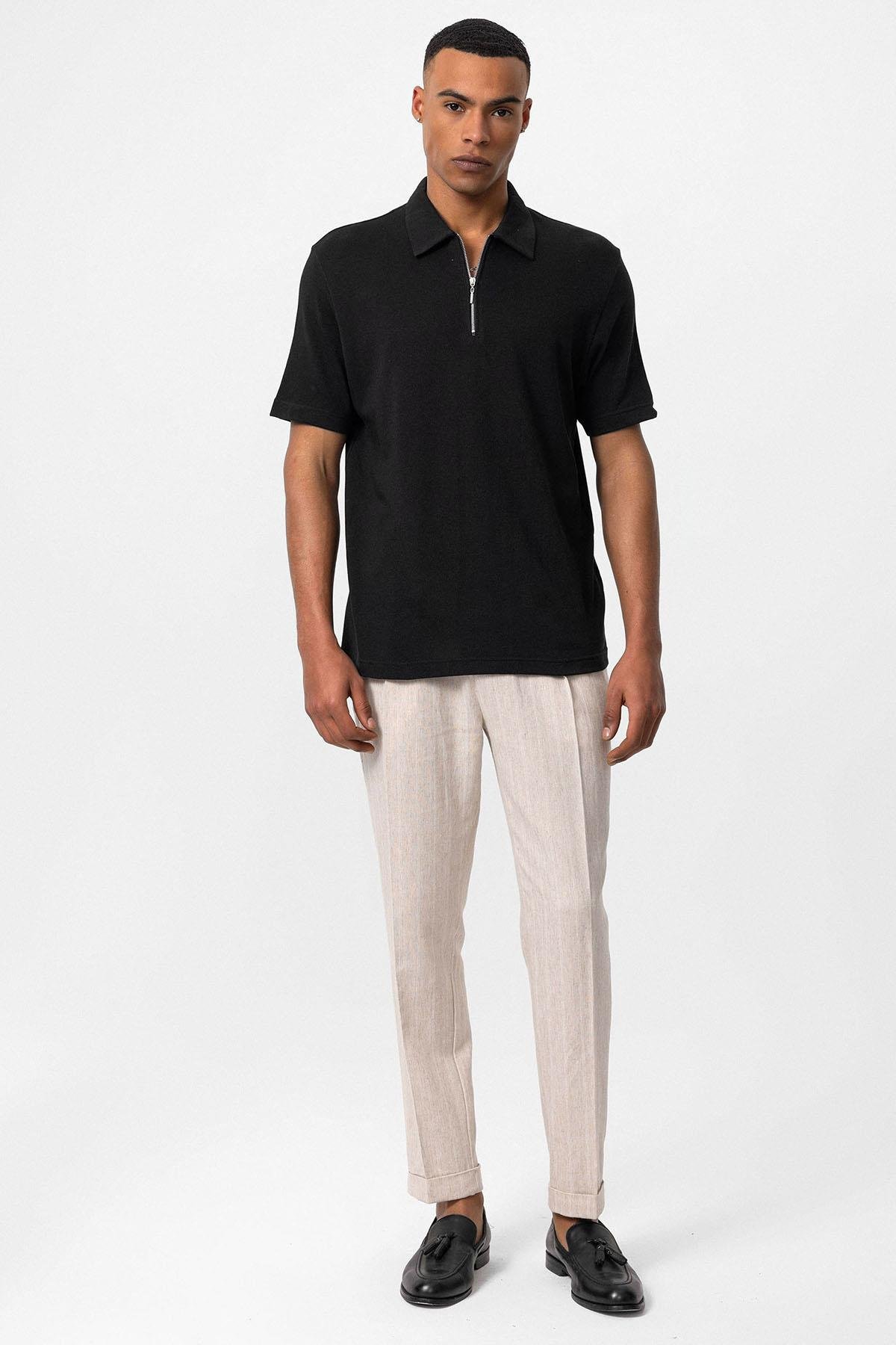 Antioch Siyah Polo Yaka Fermuarlı Erkek T-Shirt