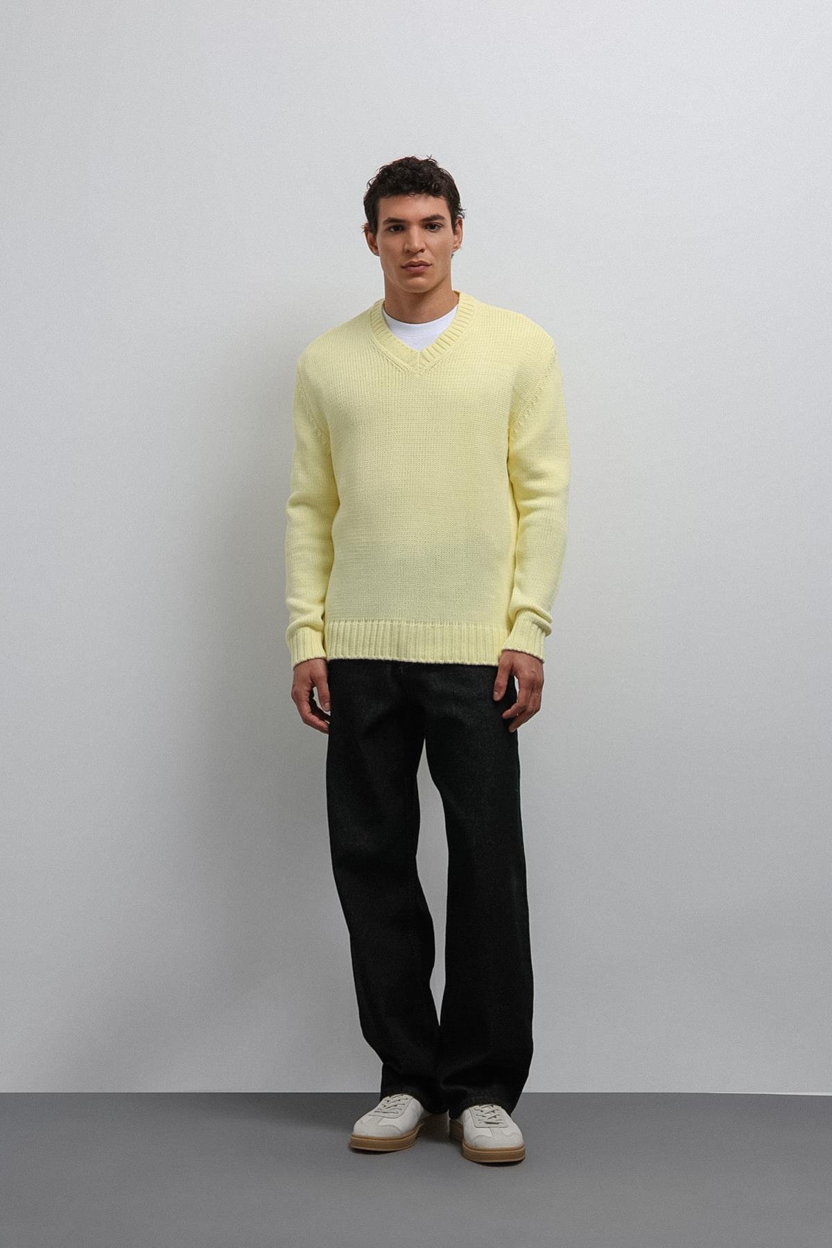 Antioch Sarı Dokulu V Yaka Erkek Kazak