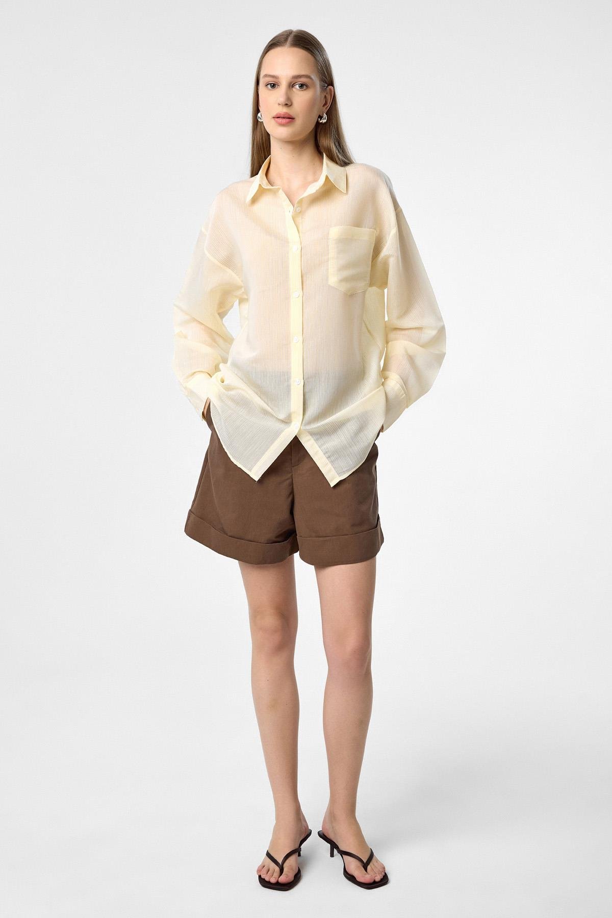 Antioch Sarı Relax Fit Çizgili Uzun Kollu Kadın Gömlek