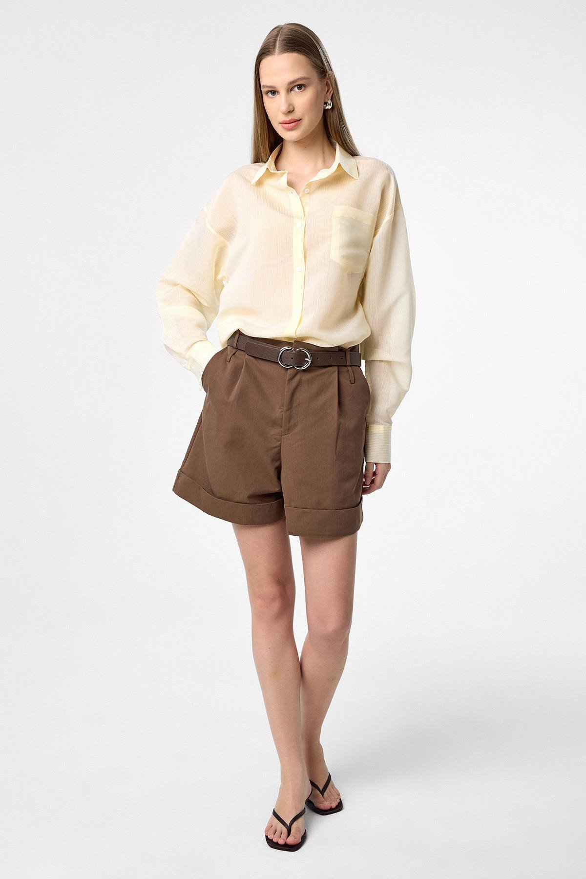 Antioch Sarı Relax Fit Çizgili Uzun Kollu Kadın Gömlek