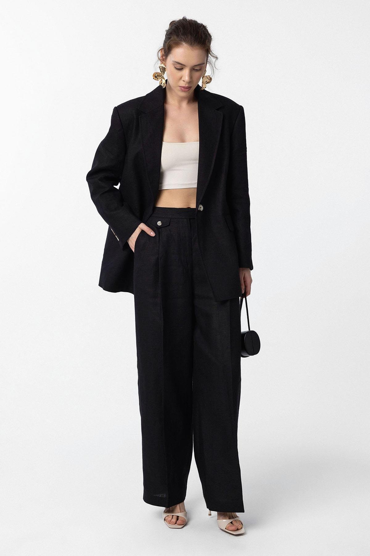 Antioch Siyah 100% Keten Kadın Blazer Ceket