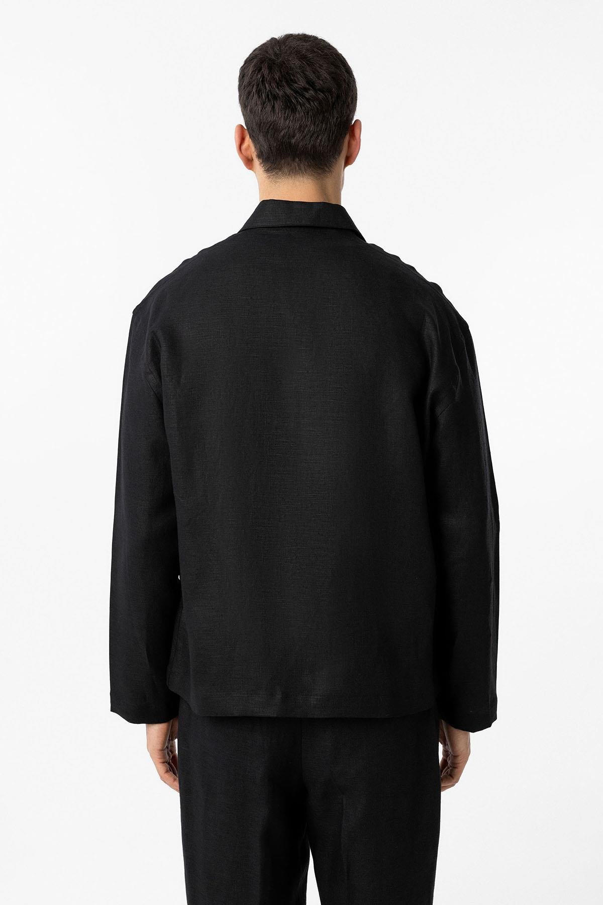 Antioch Siyah 100% Keten Relax Fit Erkek İnce Ceket