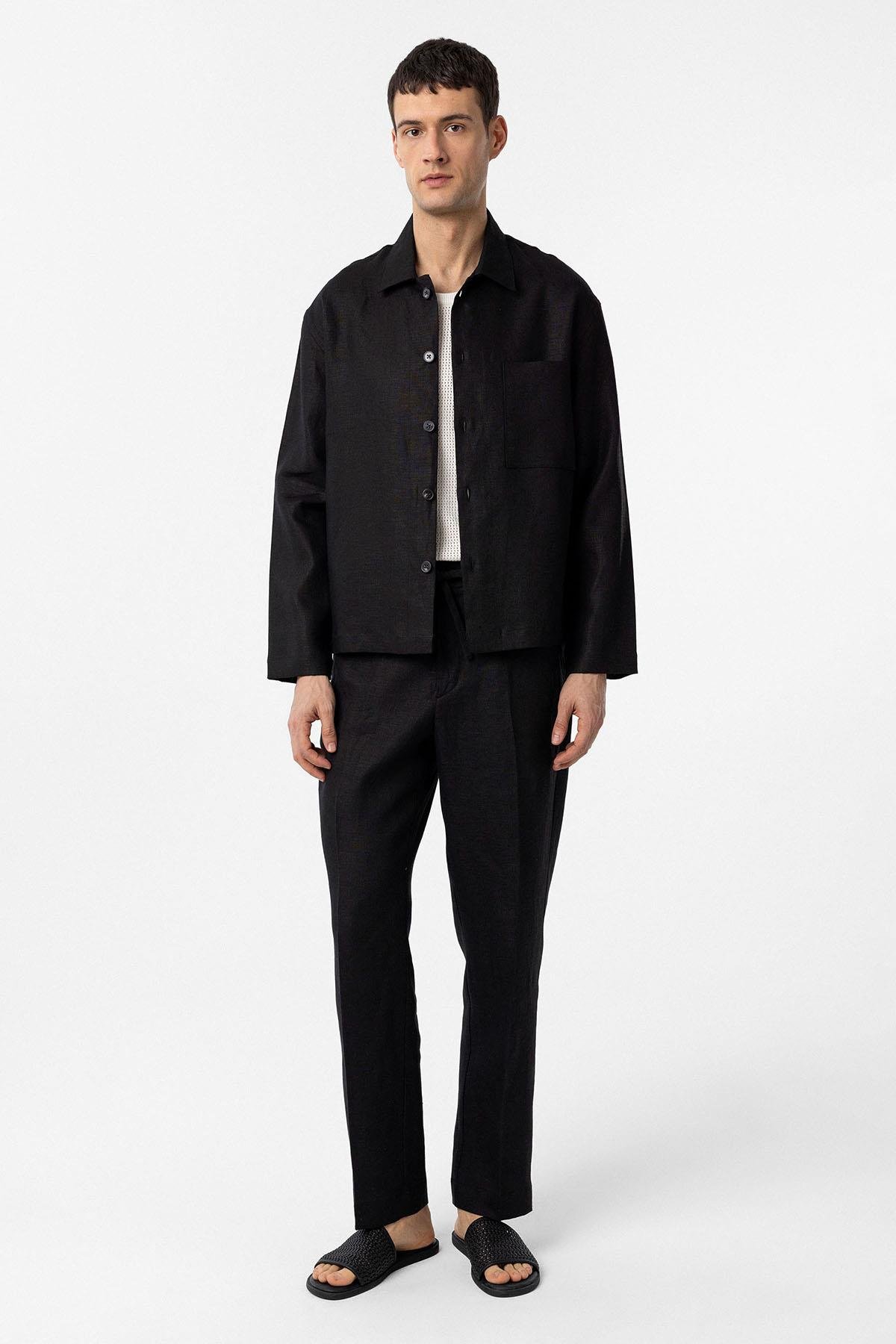 Antioch Siyah 100% Keten Relax Fit Erkek İnce Ceket