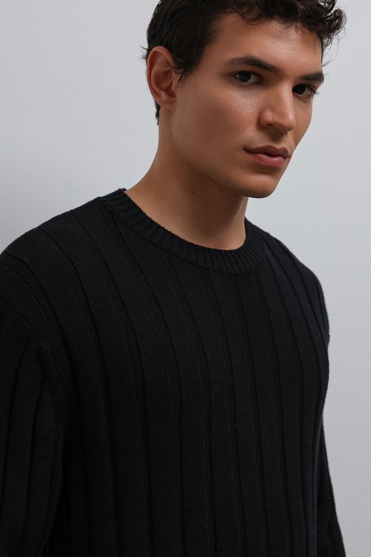 Antioch Siyah 100% Pamuk Fitilli Erkek Kazak