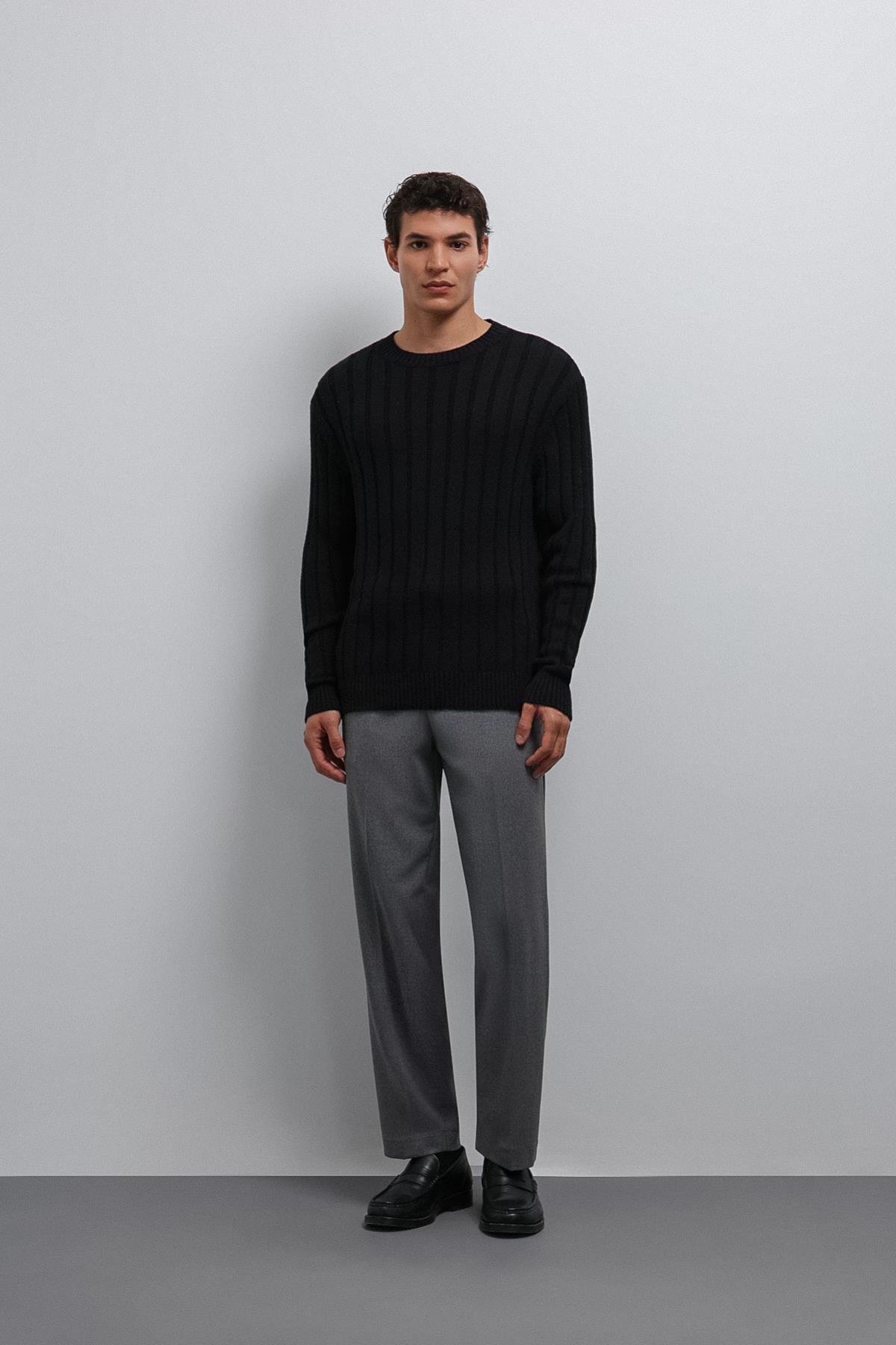 Antioch Siyah 100% Pamuk Fitilli Erkek Kazak