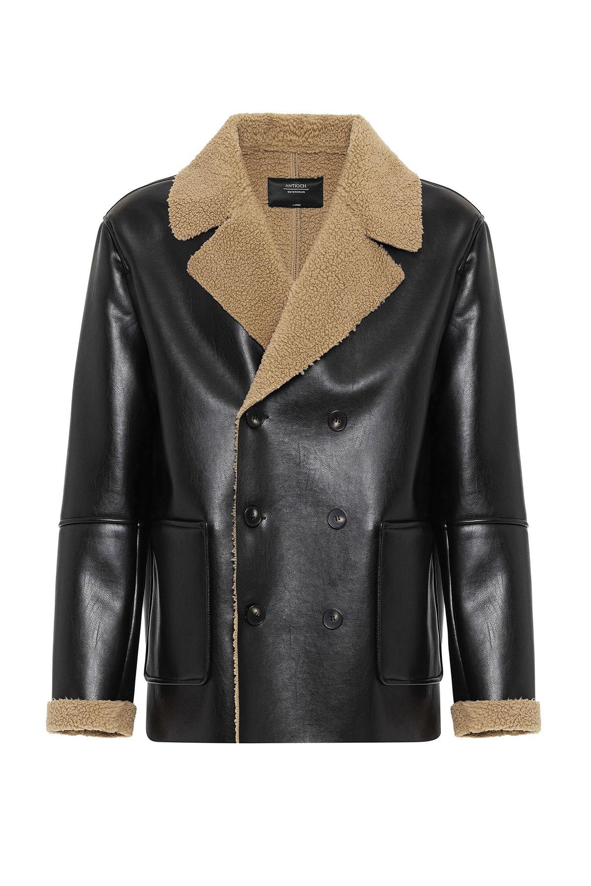 Antioch Siyah Astar Detaylı Suni Deri Kruvaze Erkek Mont