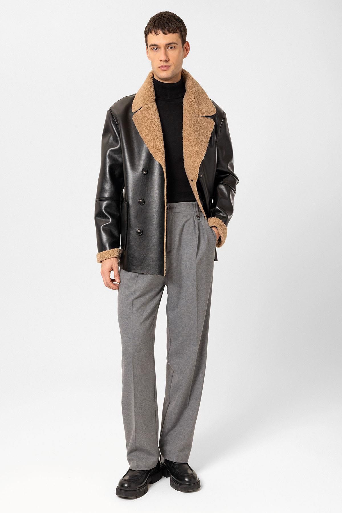 Antioch Siyah Astar Detaylı Suni Deri Kruvaze Erkek Mont