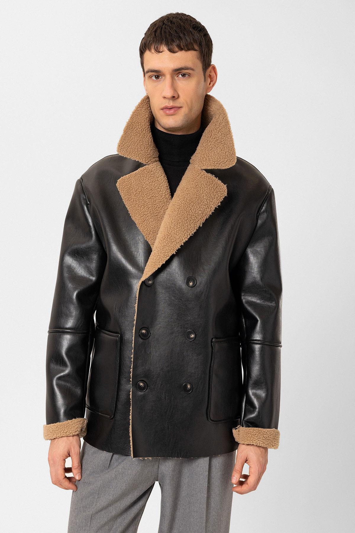 Antioch Siyah Astar Detaylı Suni Deri Kruvaze Erkek Mont