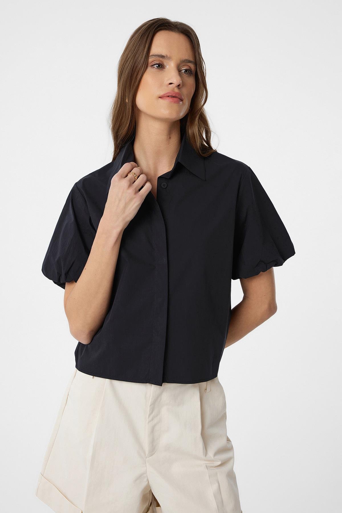 Antioch Siyah Balon Kol Kadın Gömlek