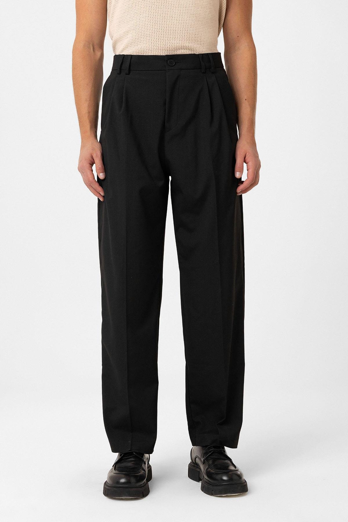 Antioch Siyah Çift Pileli Baggy Fit Erkek Pantolon