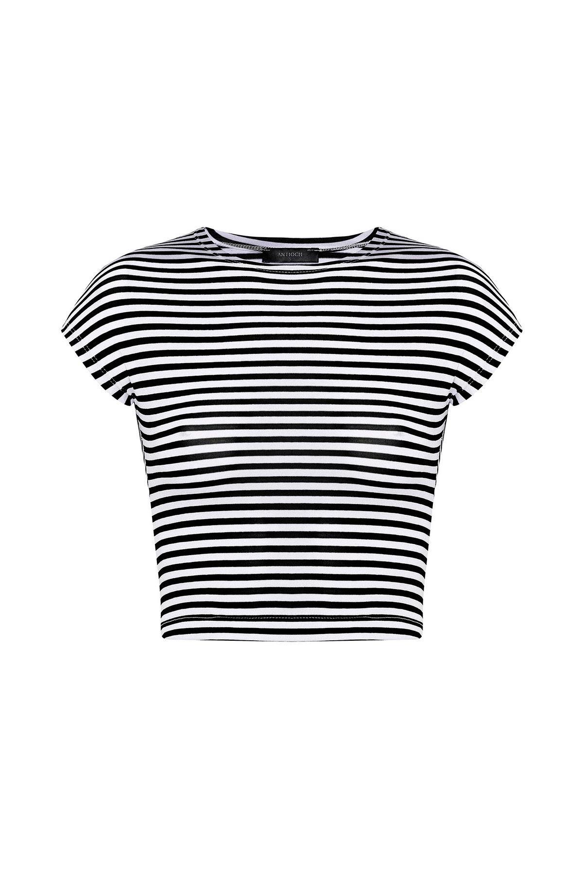 Antioch Siyah Crop Fit Çizgili Kadın T-Shirt