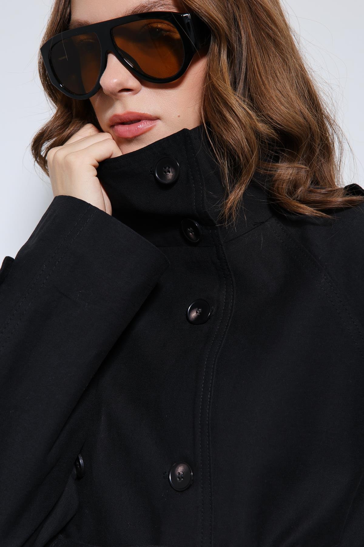 Antioch Siyah Dik Yaka Kruvaze Trençkot