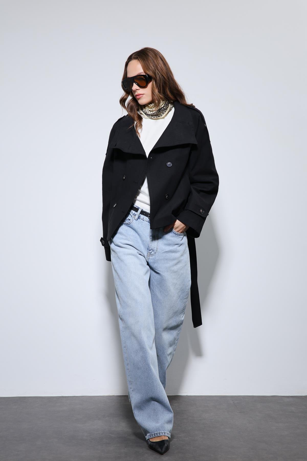 Antioch Siyah Dik Yaka Kruvaze Trençkot