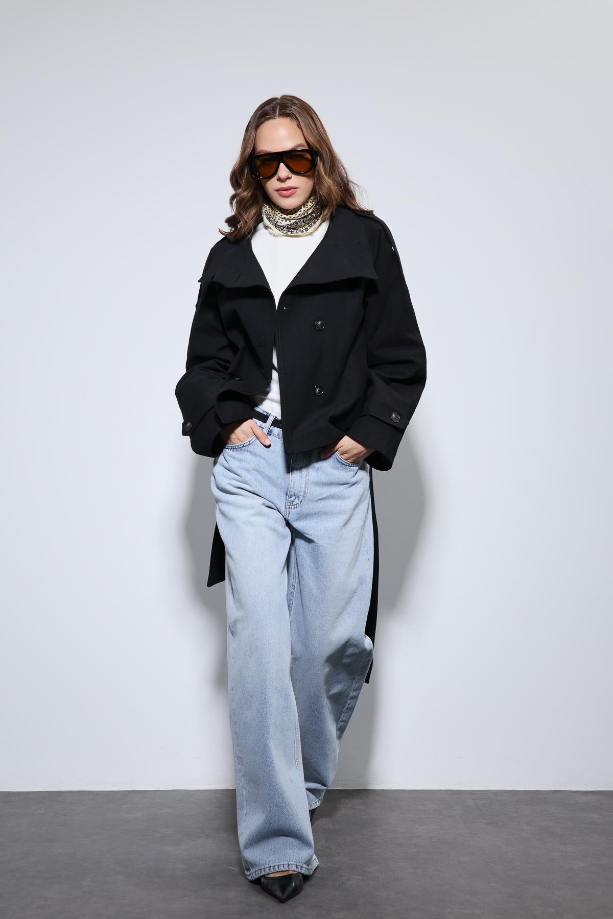 Antioch Siyah Dik Yaka Kruvaze Trençkot