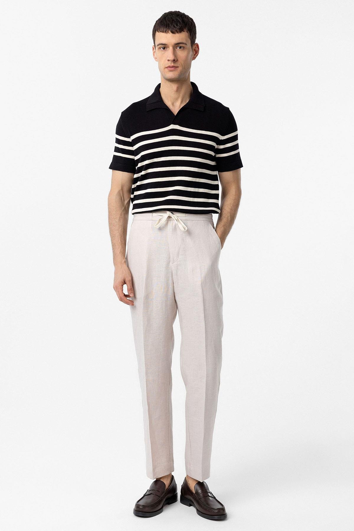 Antioch Siyah/Ekru Polo Yaka Çizgili Erkek Triko T-Shirt