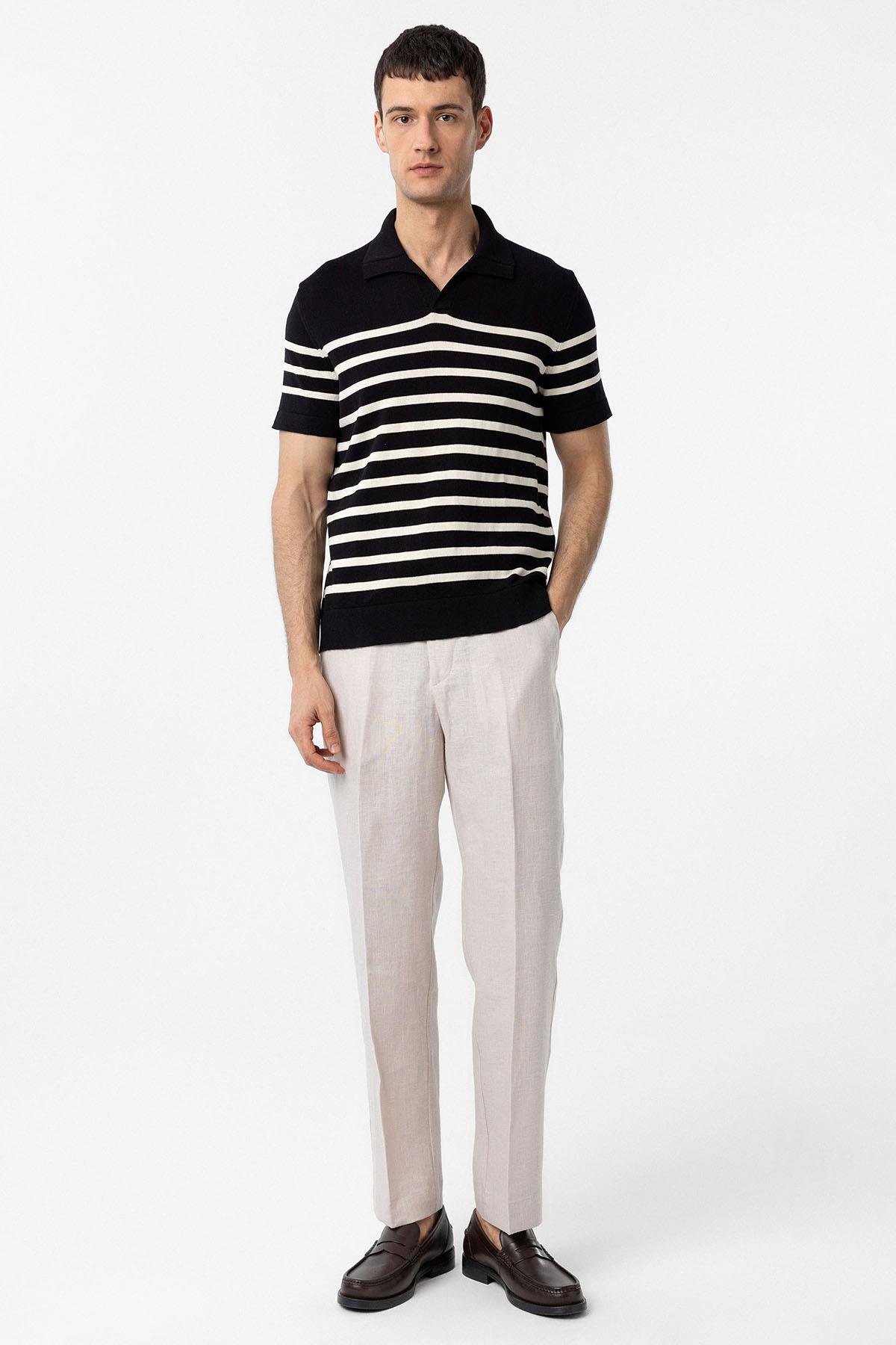 Antioch Siyah/Ekru Polo Yaka Çizgili Erkek Triko T-Shirt