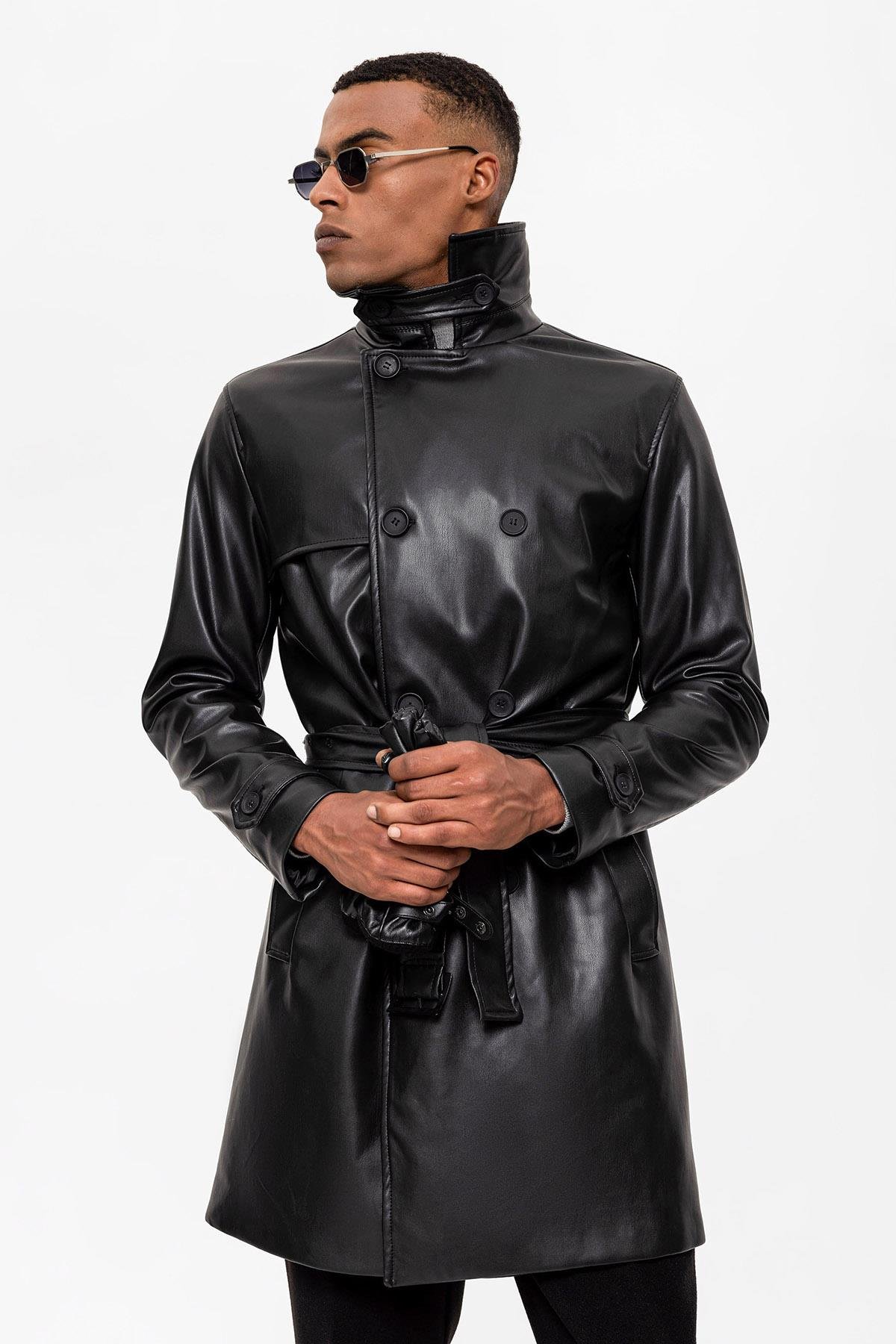 Antioch Siyah Erkek Kemer Detaylı Kruvaze Suni Deri Trençkot