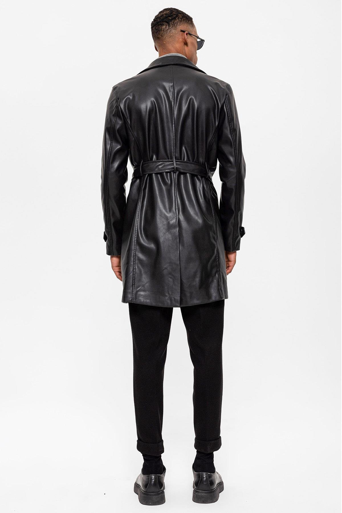 Antioch Siyah Erkek Kemer Detaylı Kruvaze Suni Deri Trençkot