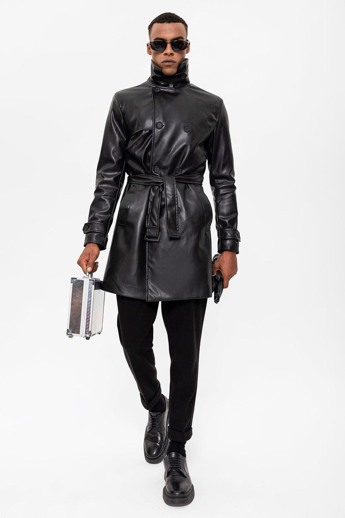 Antioch Siyah Erkek Kemer Detaylı Kruvaze Suni Deri Trençkot