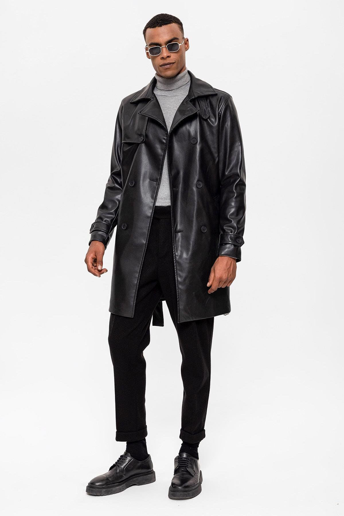 Antioch Siyah Erkek Kemer Detaylı Kruvaze Suni Deri Trençkot