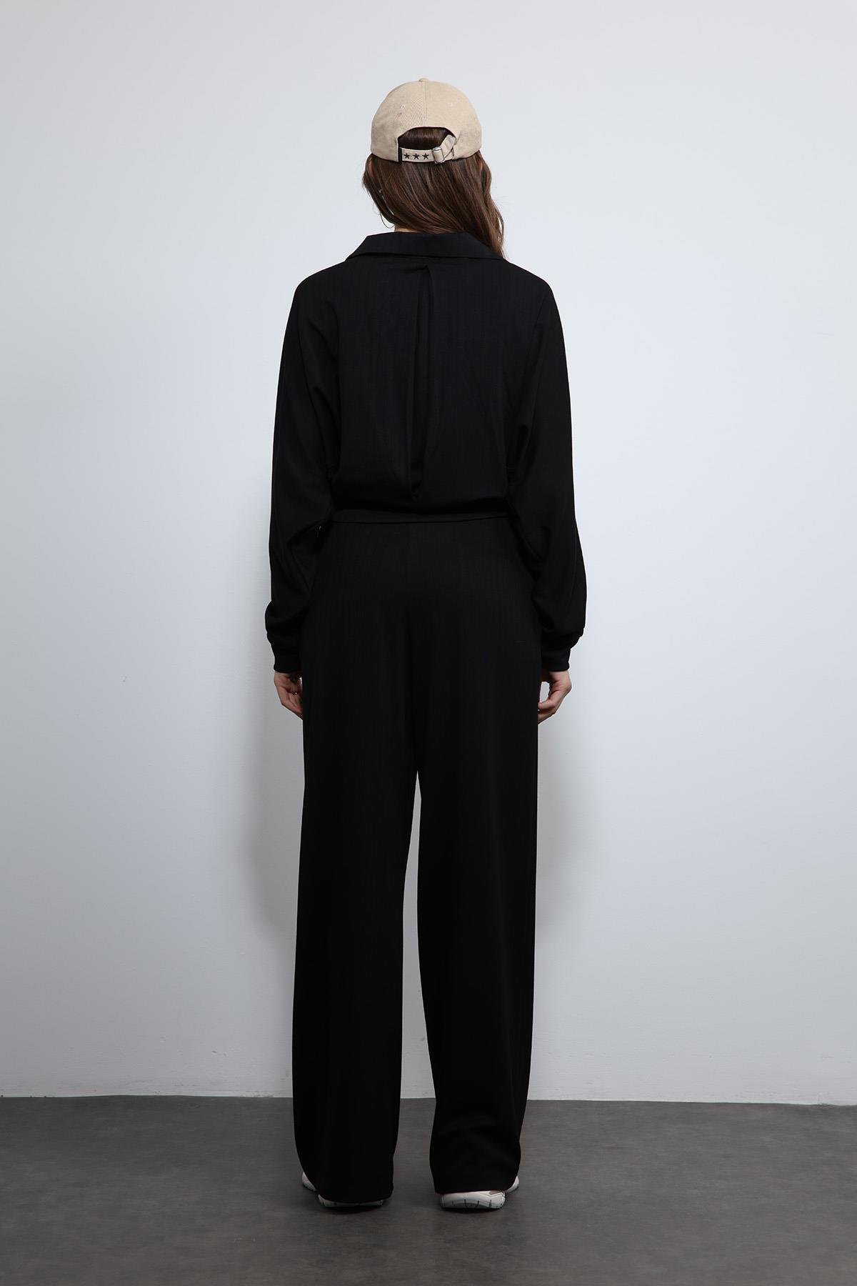 Antioch Siyah Geniş Paça Çizgili Eşofman Takım