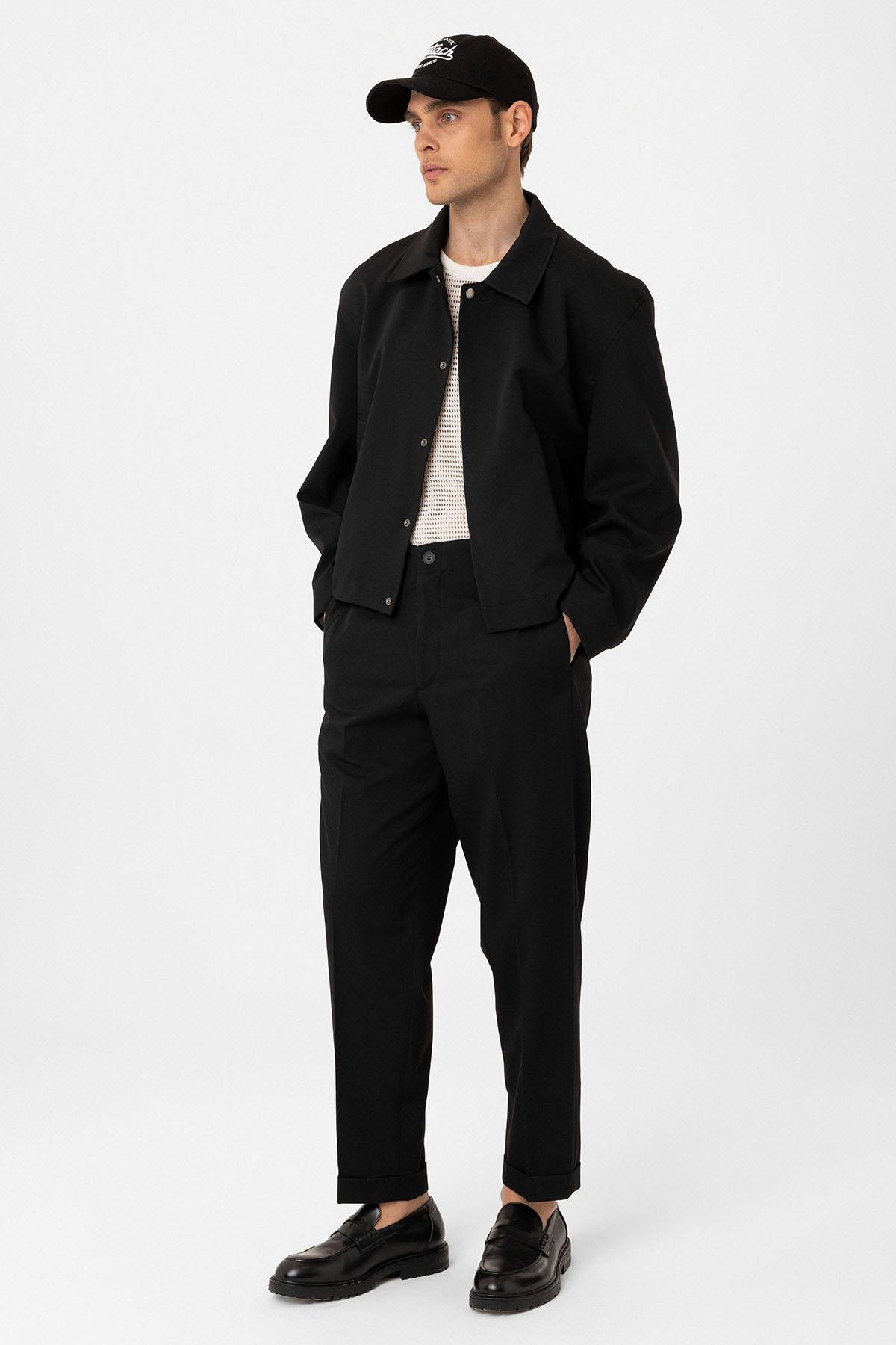 Antioch Siyah Gizli Düğme Mevsimlik Relax Fit Erkek Mont