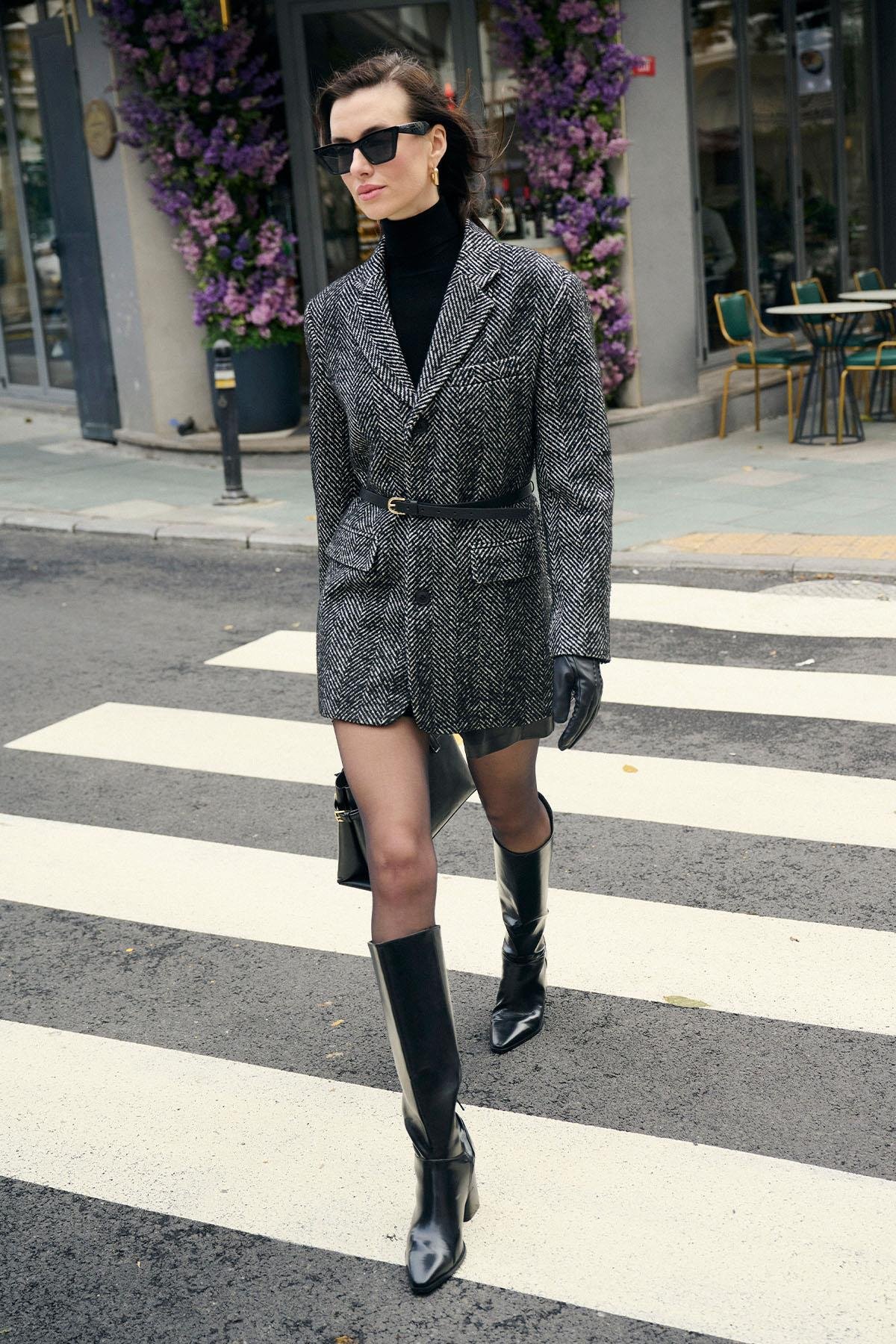 Antioch Siyah Kadın Balıksırtı Desenli Blazer Ceket