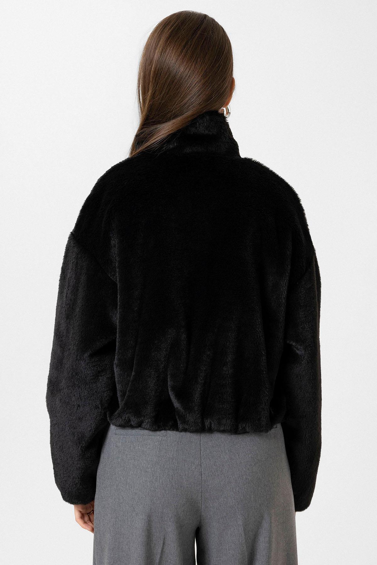 Antioch Siyah Kadın Bel Lastikli Suni Kürk Mont