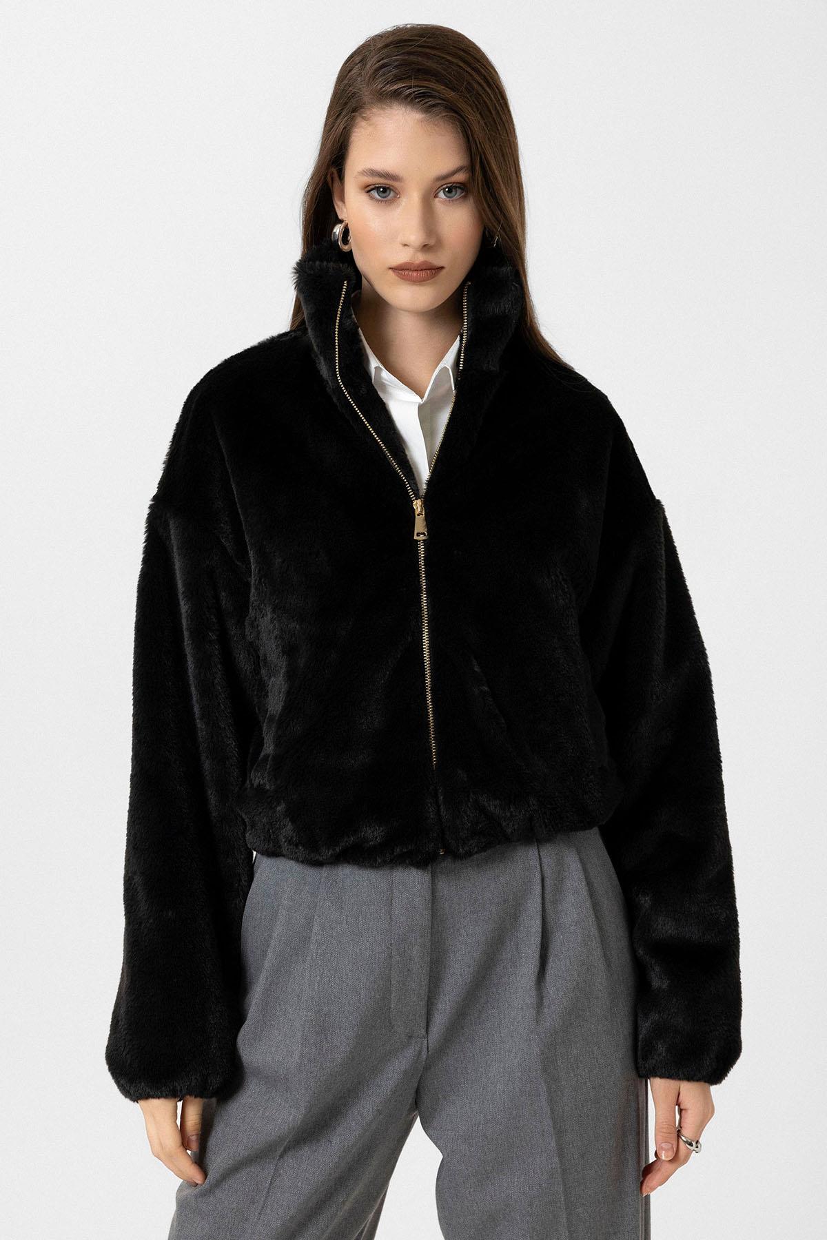 Antioch Siyah Kadın Bel Lastikli Suni Kürk Mont