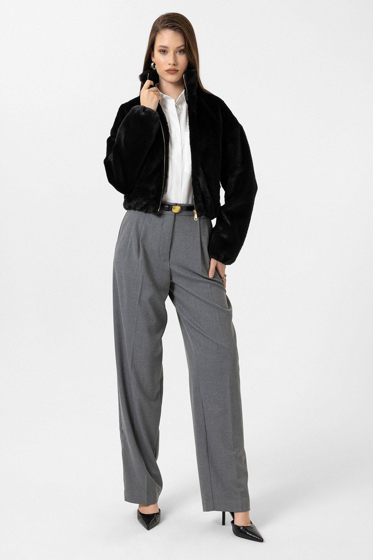 Antioch Siyah Kadın Bel Lastikli Suni Kürk Mont