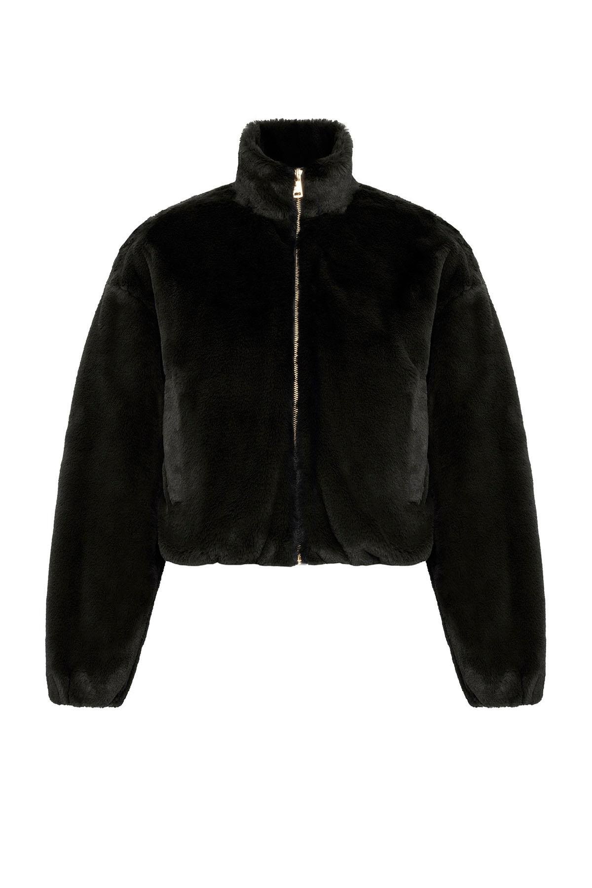 Antioch Siyah Kadın Bel Lastikli Suni Kürk Mont