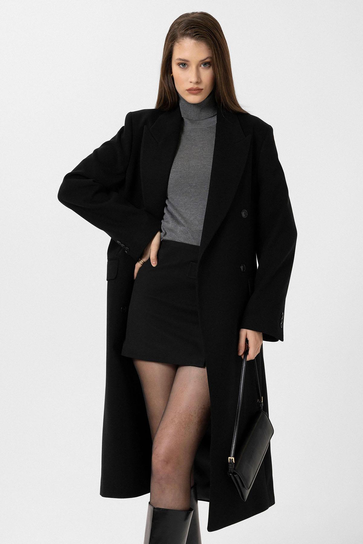 Antioch Siyah Kadın Kemerli Kruvaze Kaban