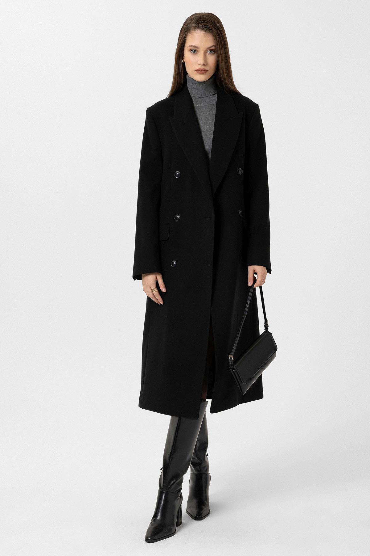 Antioch Siyah Kadın Kemerli Kruvaze Kaban