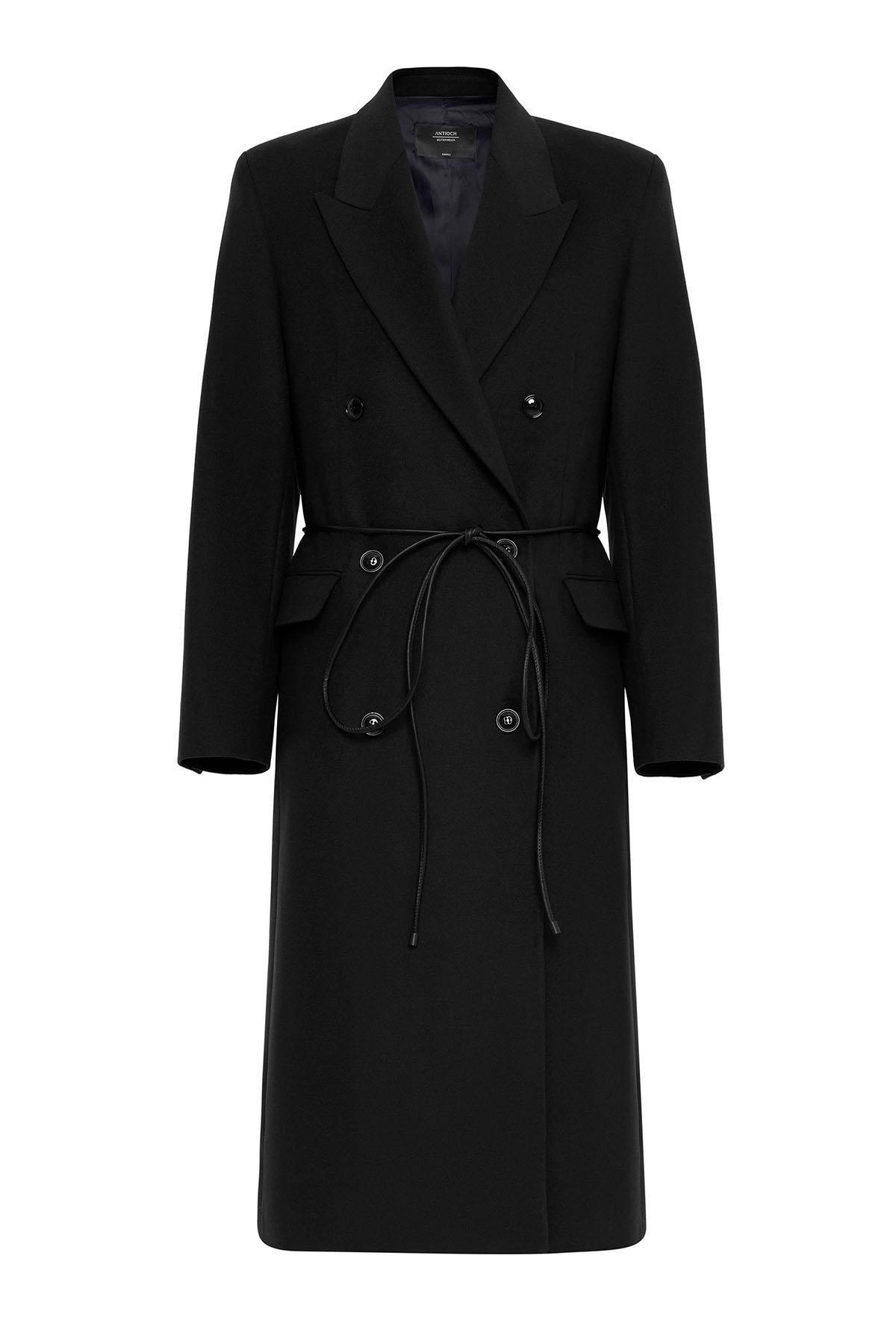 Antioch Siyah Kadın Kemerli Kruvaze Kaban