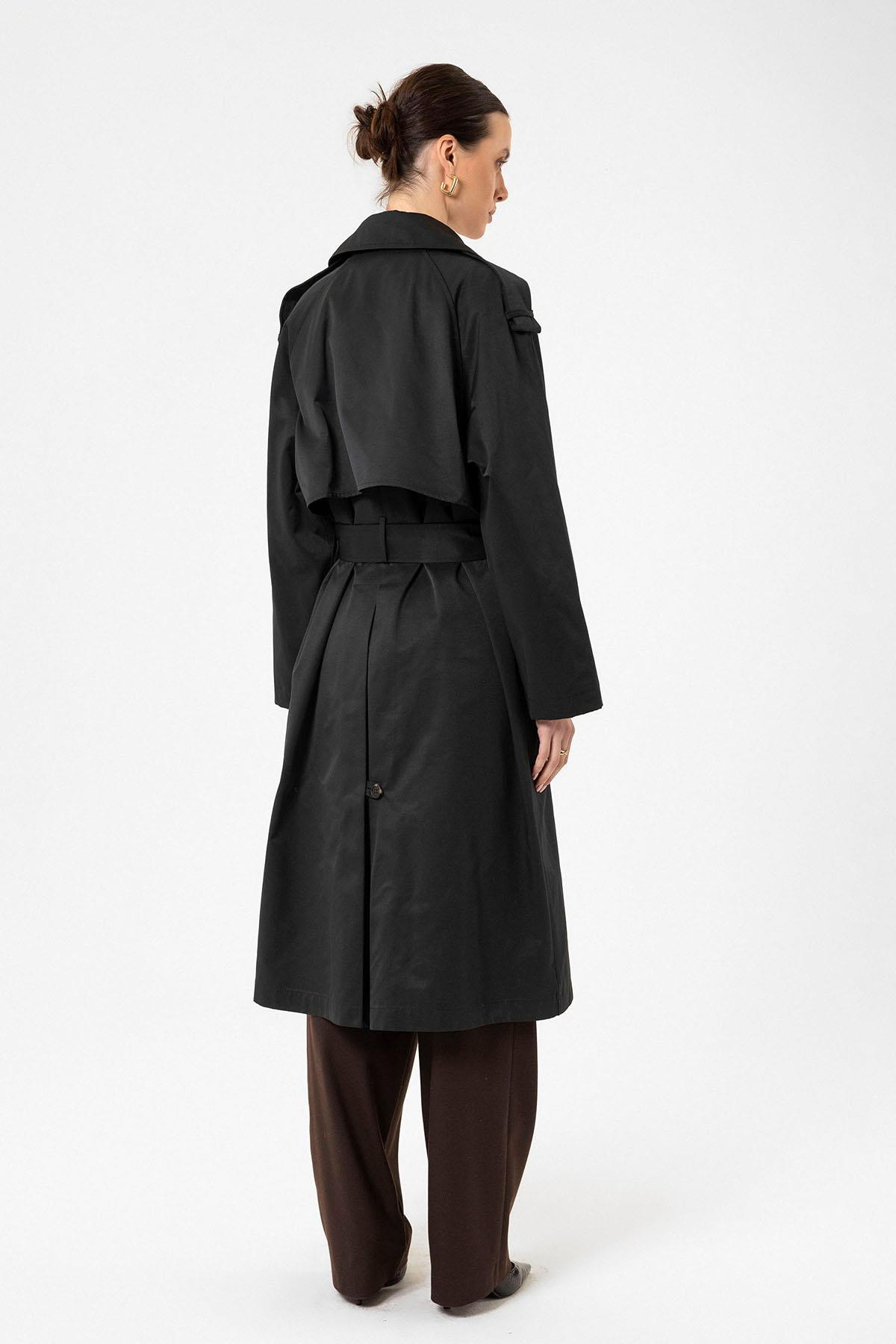 Antioch Siyah Kadın Kemerli Uzun Trençkot
