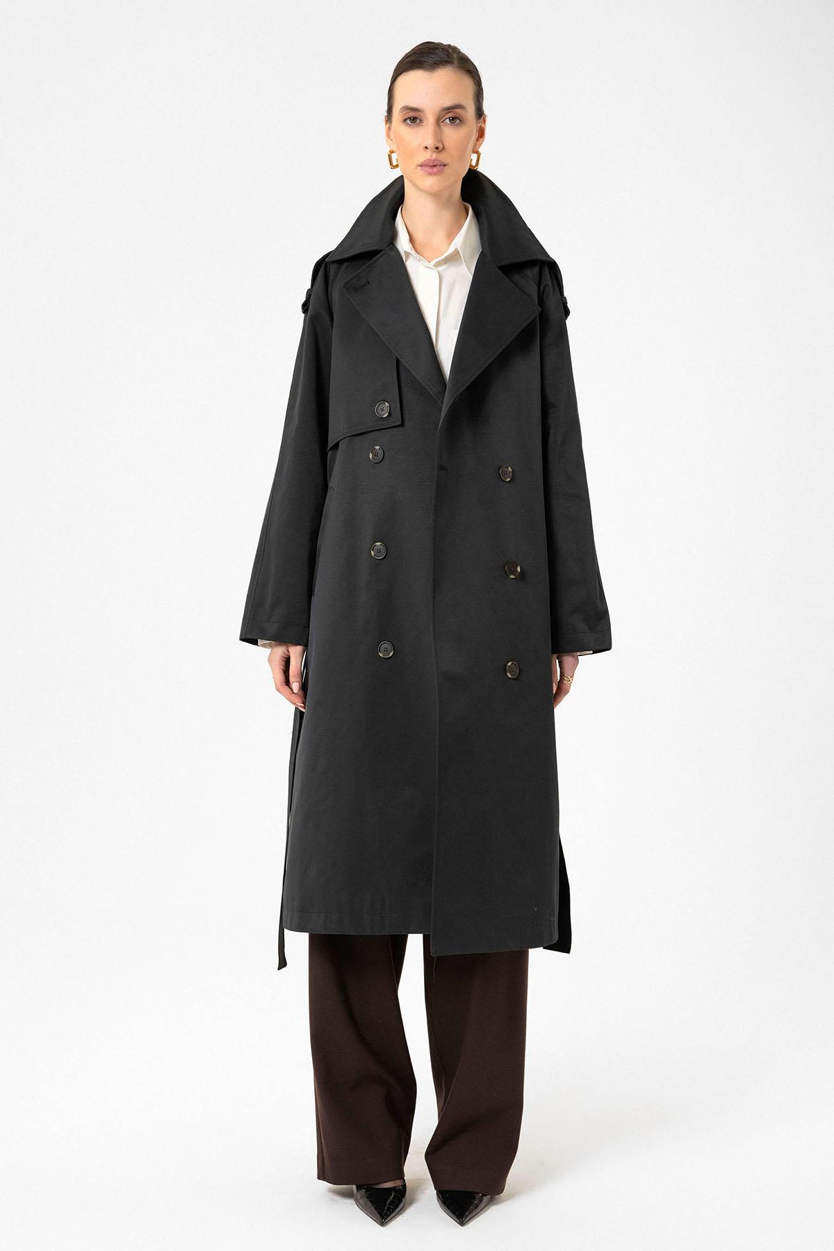 Antioch Siyah Kadın Kemerli Uzun Trençkot